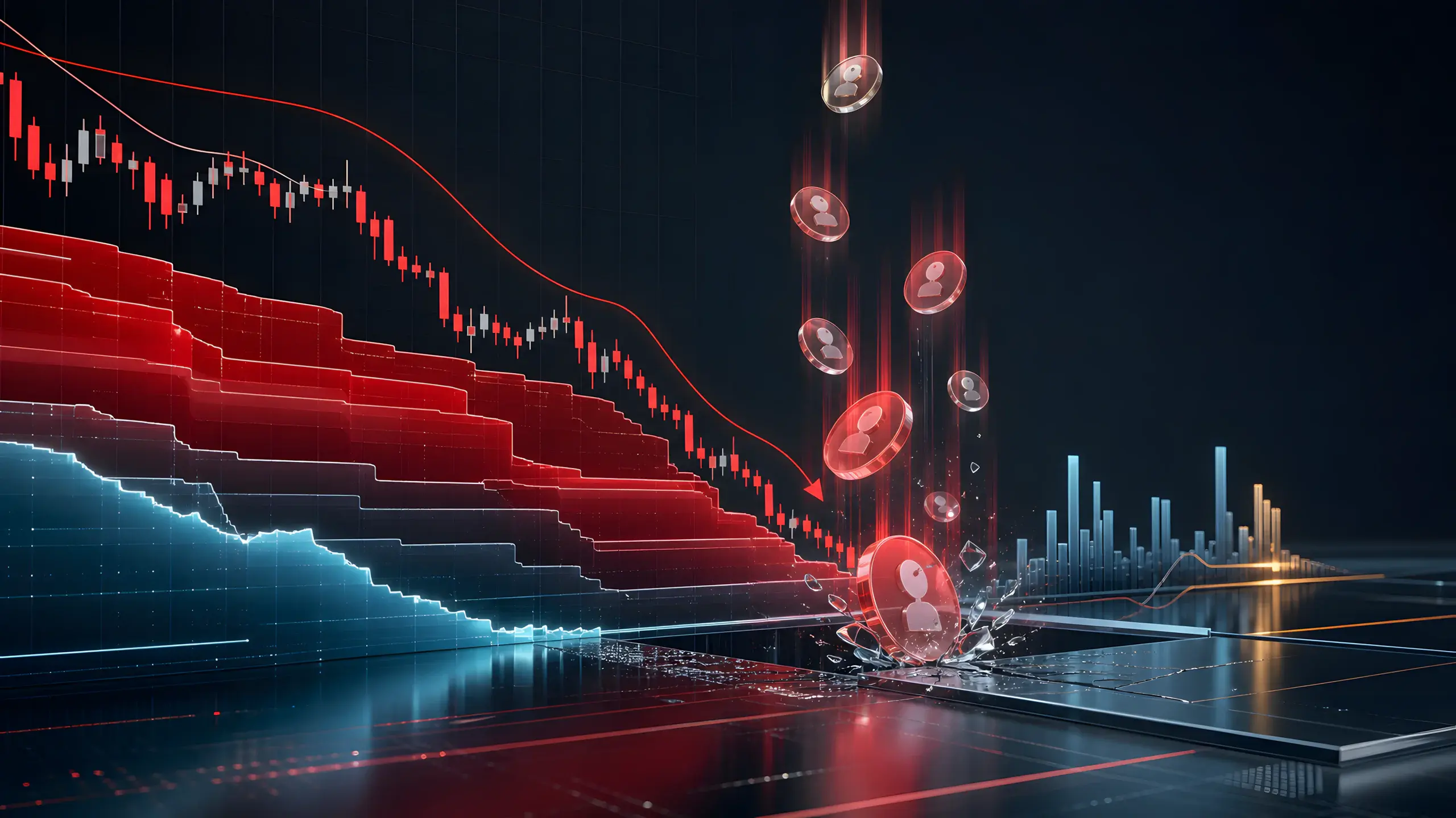 Gráfico descendente y capas de liquidez que ilustran una caída de criptomonedas
