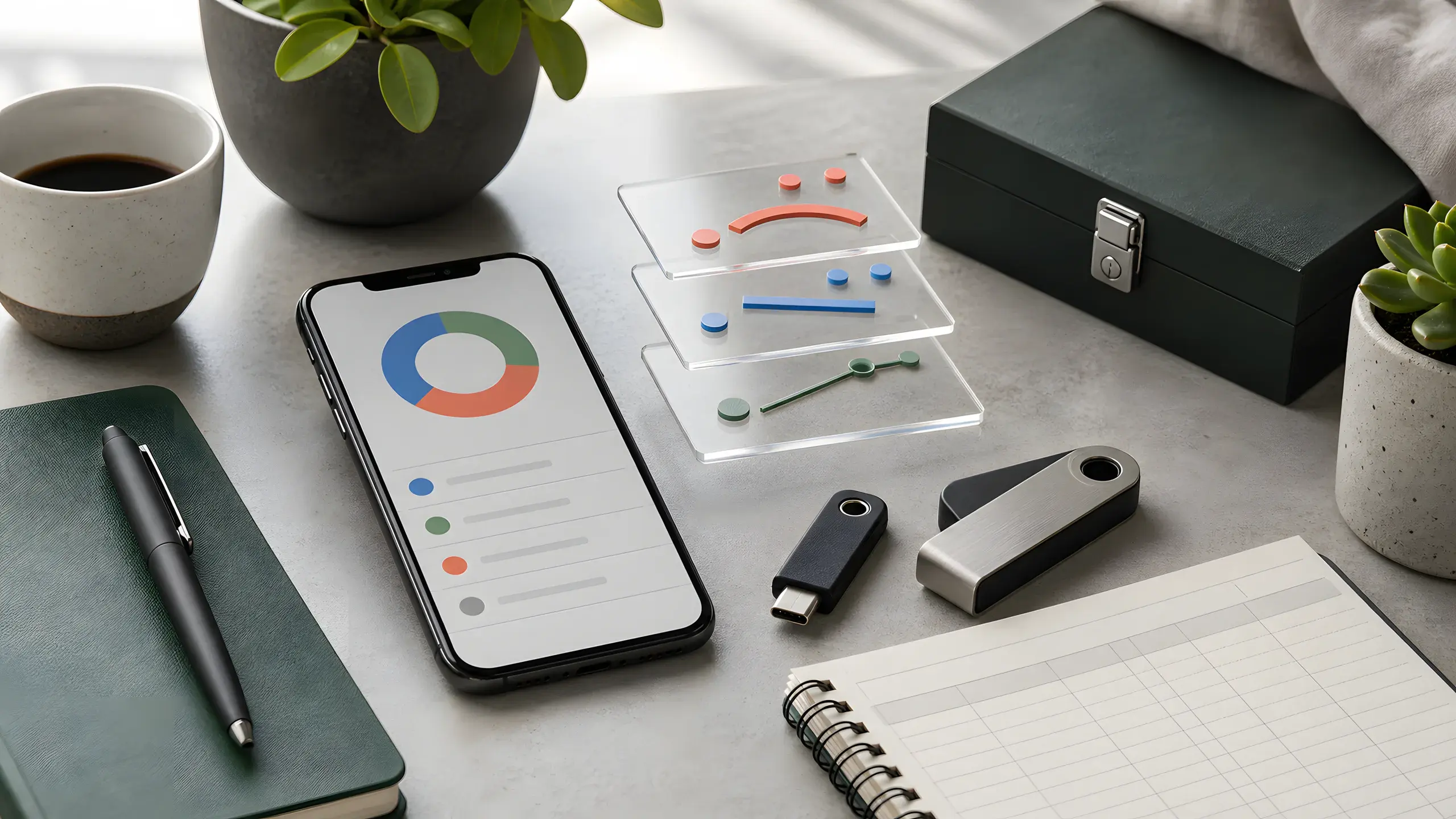 Mesa con móvil, llave de seguridad, hardware wallet y capas que representan costes de inversión